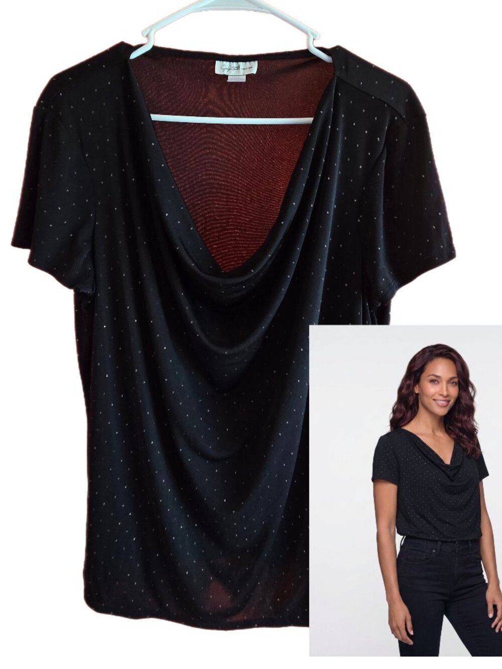 Jaclyn Smith Collection Women's XL Black & Gold Cowel Neck Short Sleeve Top